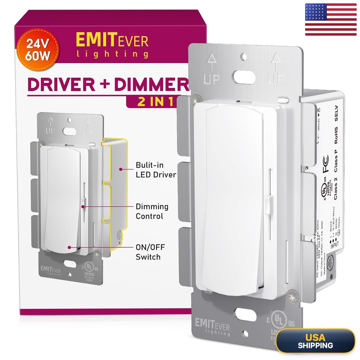 EMITEVER Dimmer Light Switch & 24V 60W Dimmable LED Driver 2 In 1, UL Listed