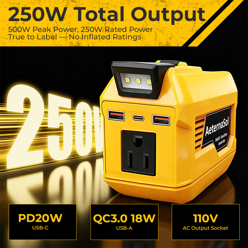 AeternaSol 250W Power Inverter for Dewalt 20V Battery AC 110V Outlet USB Camping