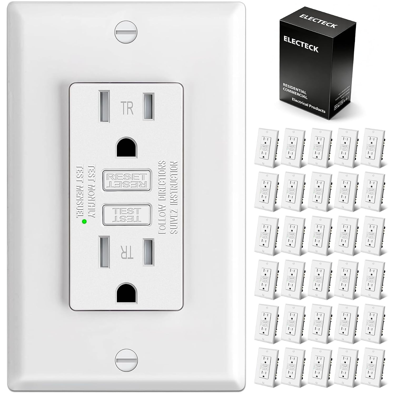 10 Pack GFCI Outlets 15 Amp, Tamper Resistant (TR), Ultra Slim GFI Receptacles w