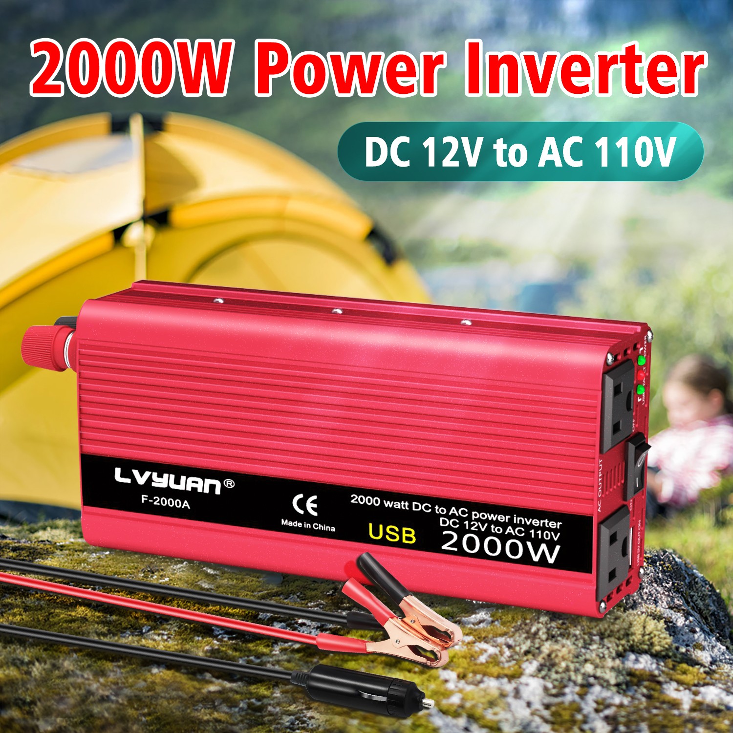 1000W / 2000W Peak Power Inverter 12V DC to 110V AC Converter with Battery Clamp