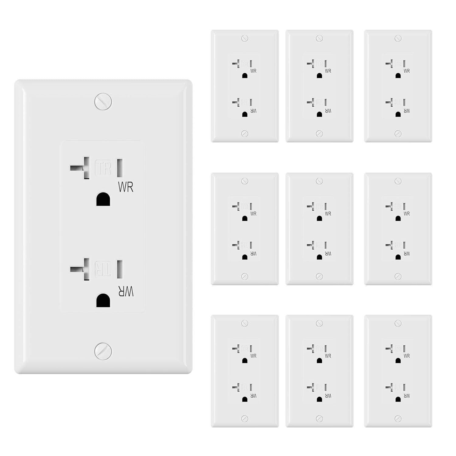Glossy White 20A Wall Receptacle – Self-Grounding & Tamper Resistant – 10 Pack