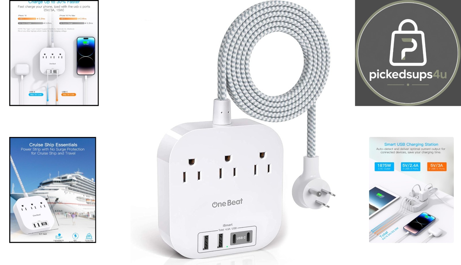 Compact USB Charging Station: 3 AC Outlets & 4 USB Ports, 22.5W Power
