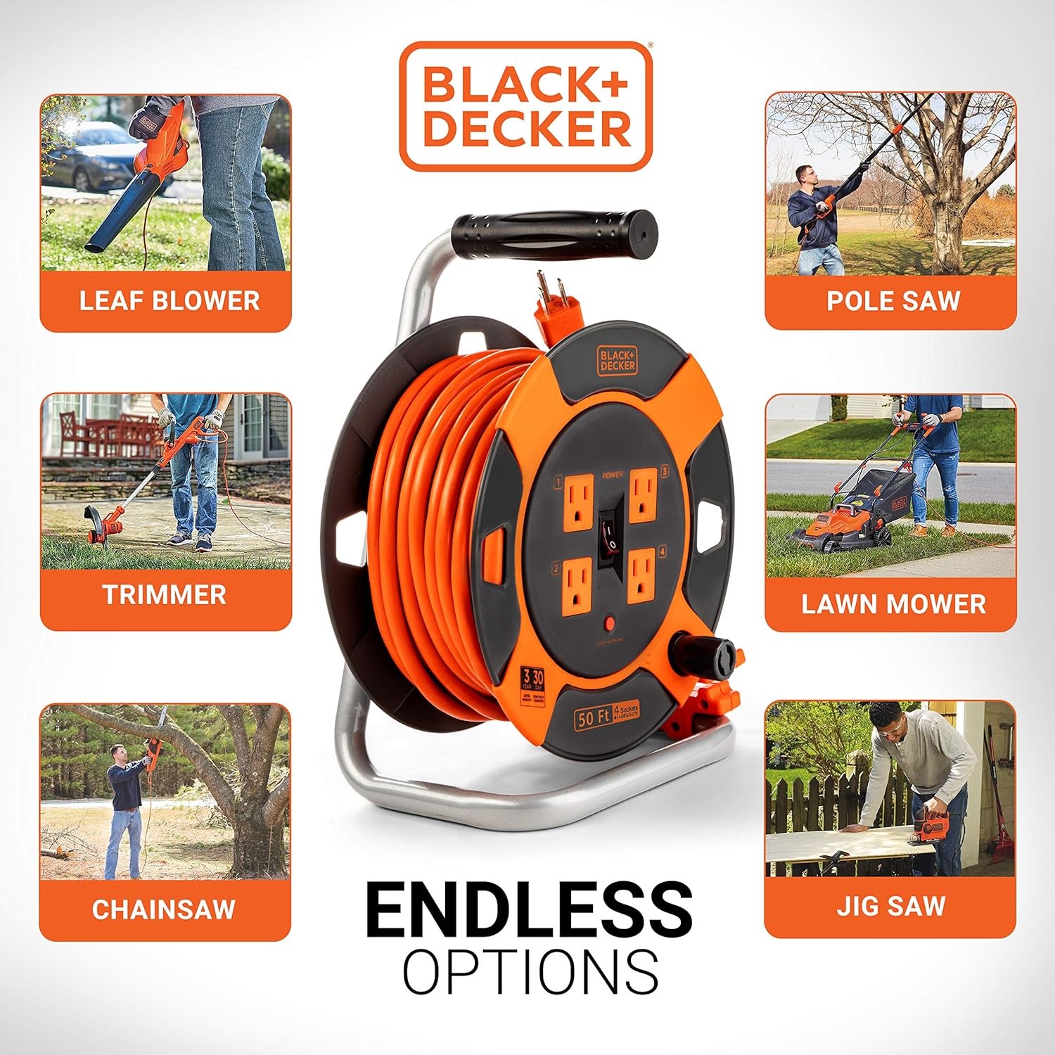 50 Ft. Retractable Extension Cord Reel With 4 Outlets, Multi-Plug Extension