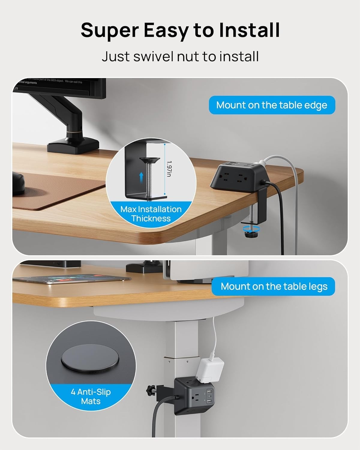 Desk Clamp Power Strip, Surge Protector with 5 AC Outlets and 3 USB Ports, Desk
