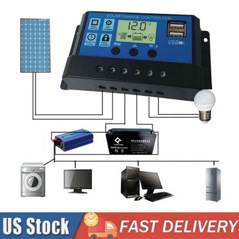 10A 12V/24V Solar Panel Battery Charge Controller LCD Auto Regulator Dual USB