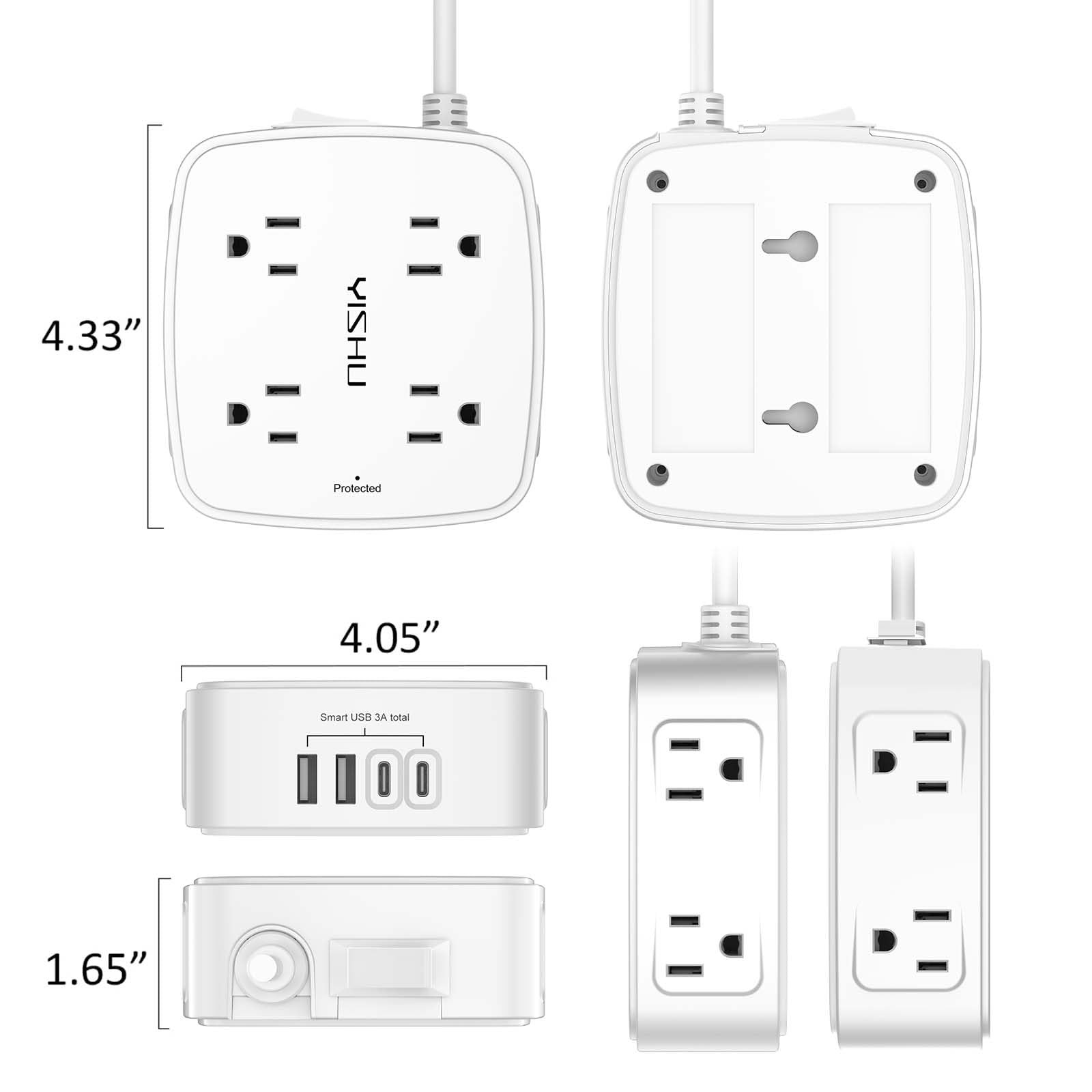 6 Ft Surge Protector Power Strip 8 Widely Outlets with 4 USB Ports 3 Side Outlet