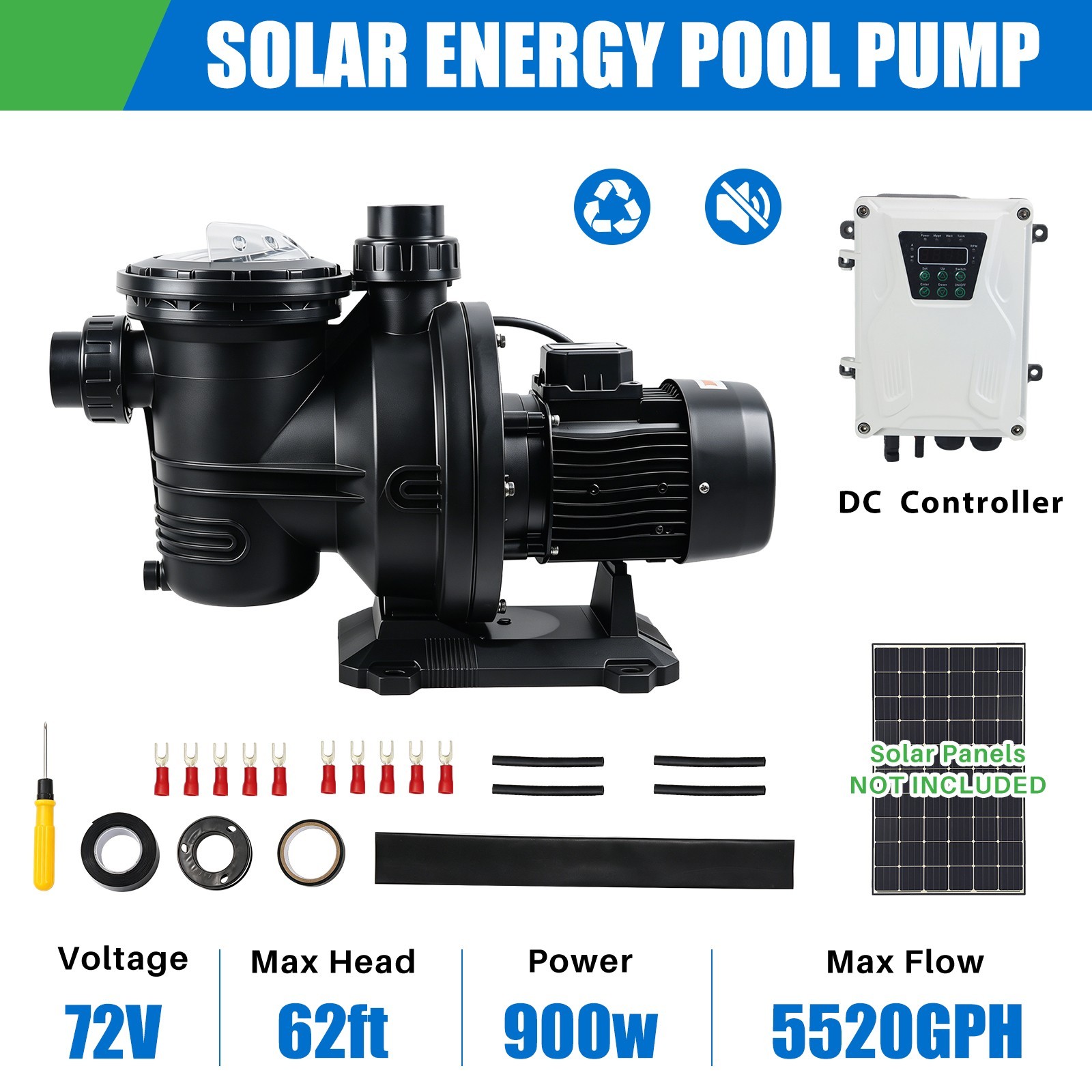 1.2HP Solar Pump kit Inground Pool Pump DC 72V Brushless Motor 92GPM 62ft Hmax