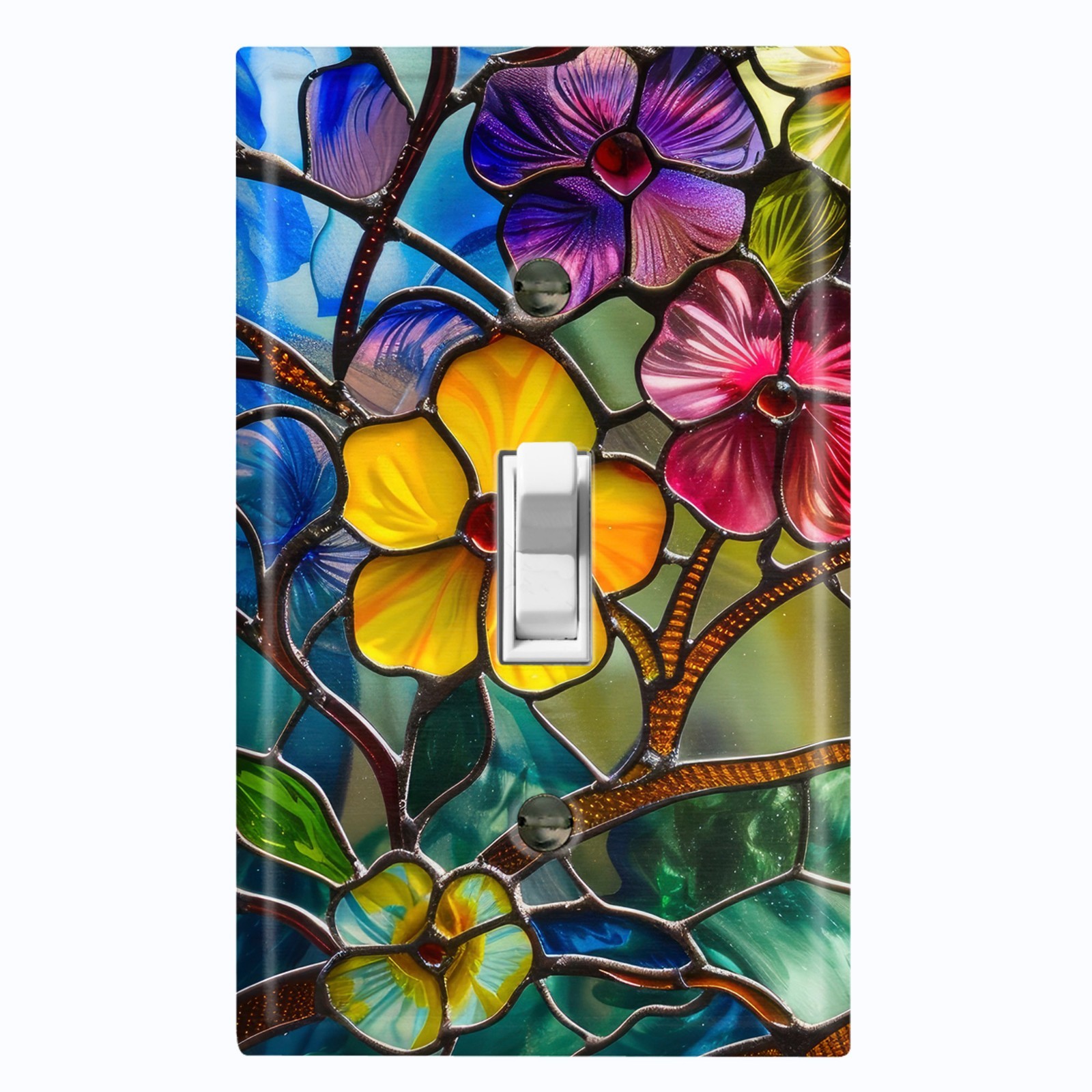 Metal Light Switch Outlet Cover Wall Plate Image of Stained Glass Flowers EGS105