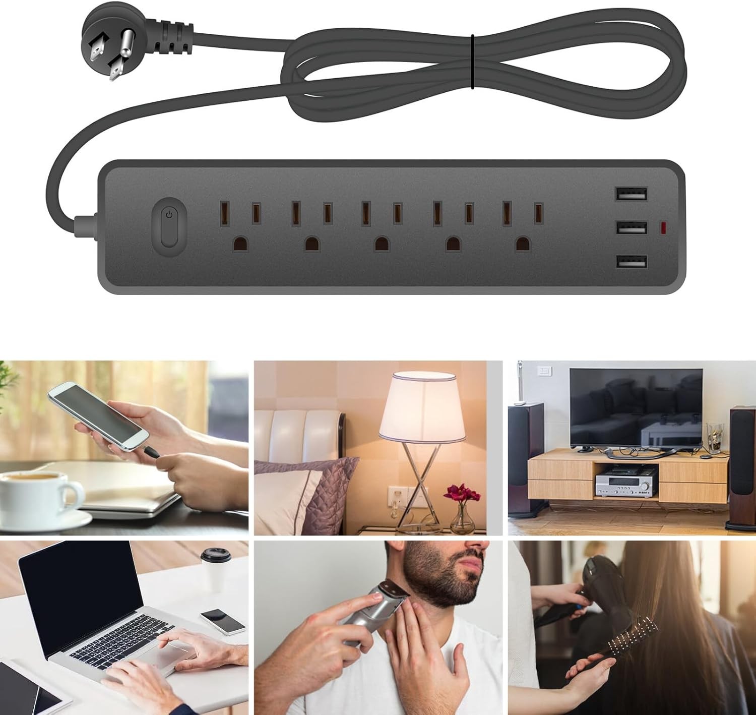Wall Mountable USB Surge Protector Power Strip 3 USB Ports & 4 Outlet Plugs USA