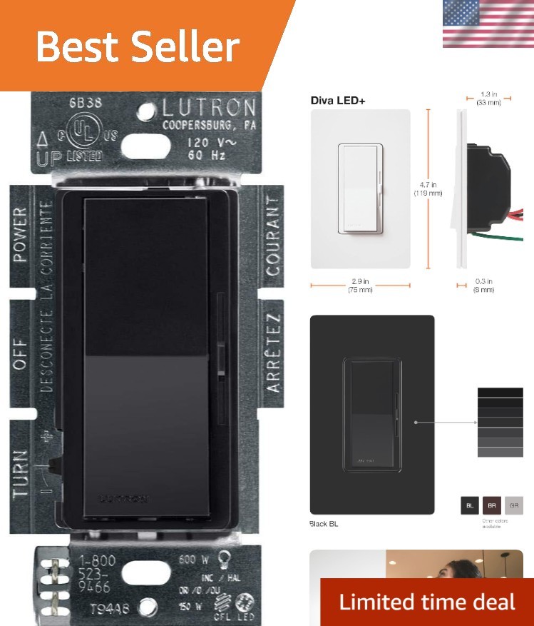 180-Degree Control with Diva LED+ Dimmer Switch, 150W – Modern Black Finish