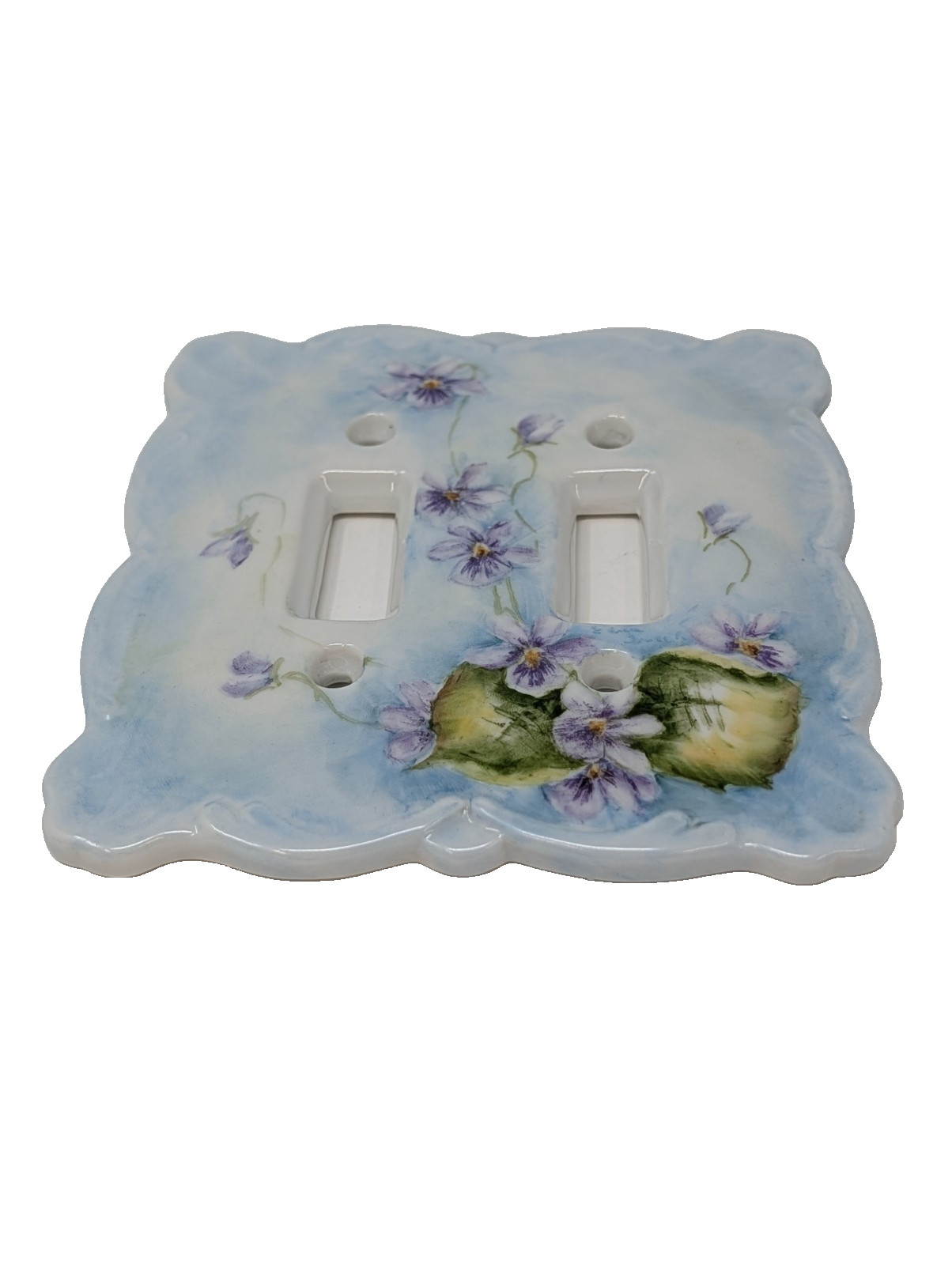 VTG Hand Painted Violets China Double Toggle Light Switch Plate Scalloped SIGNED