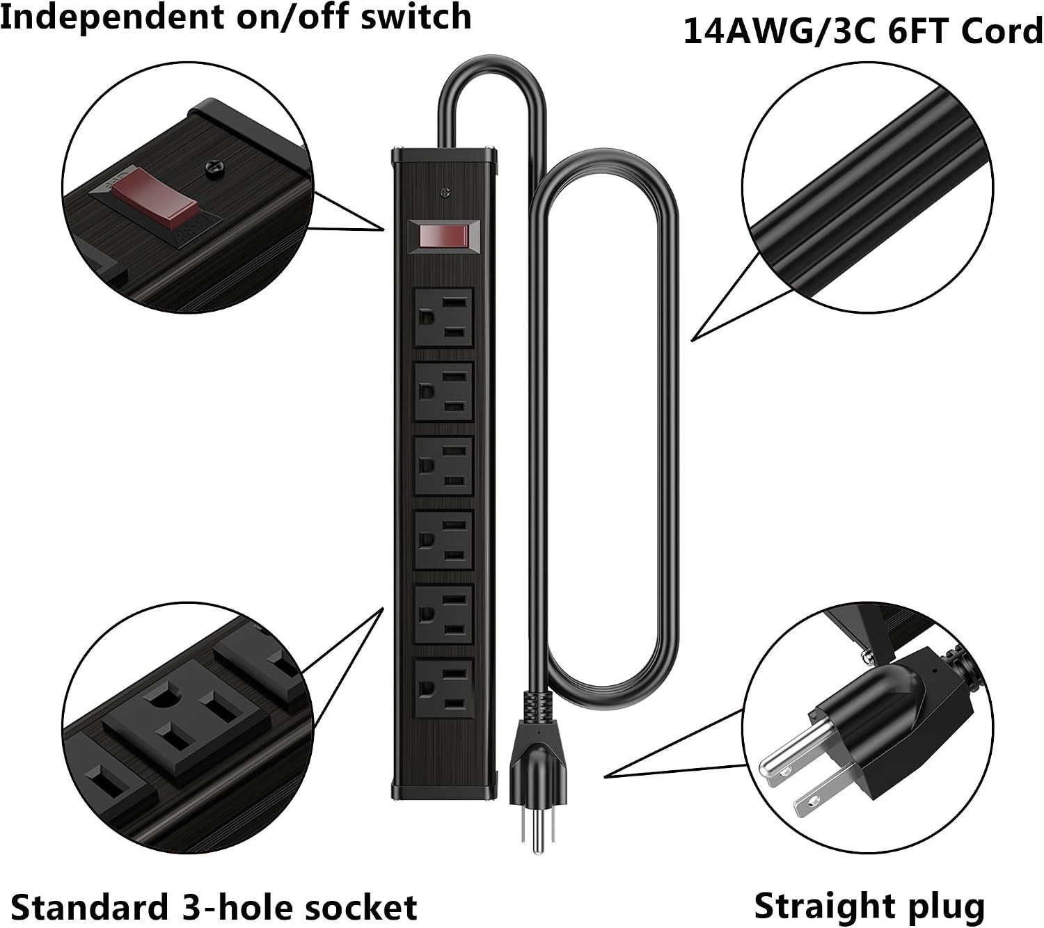 Wall-Mount 6 Outlet Heavy Duty Power Strip – Ideal for Workstations & Workshops