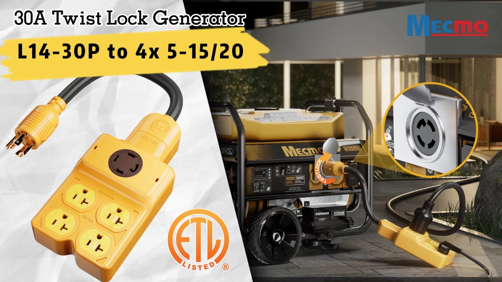 30 Amp Generator Adapter Extension Cord, L14-30P to 4x 15/20R, 7500W, ETL Listed