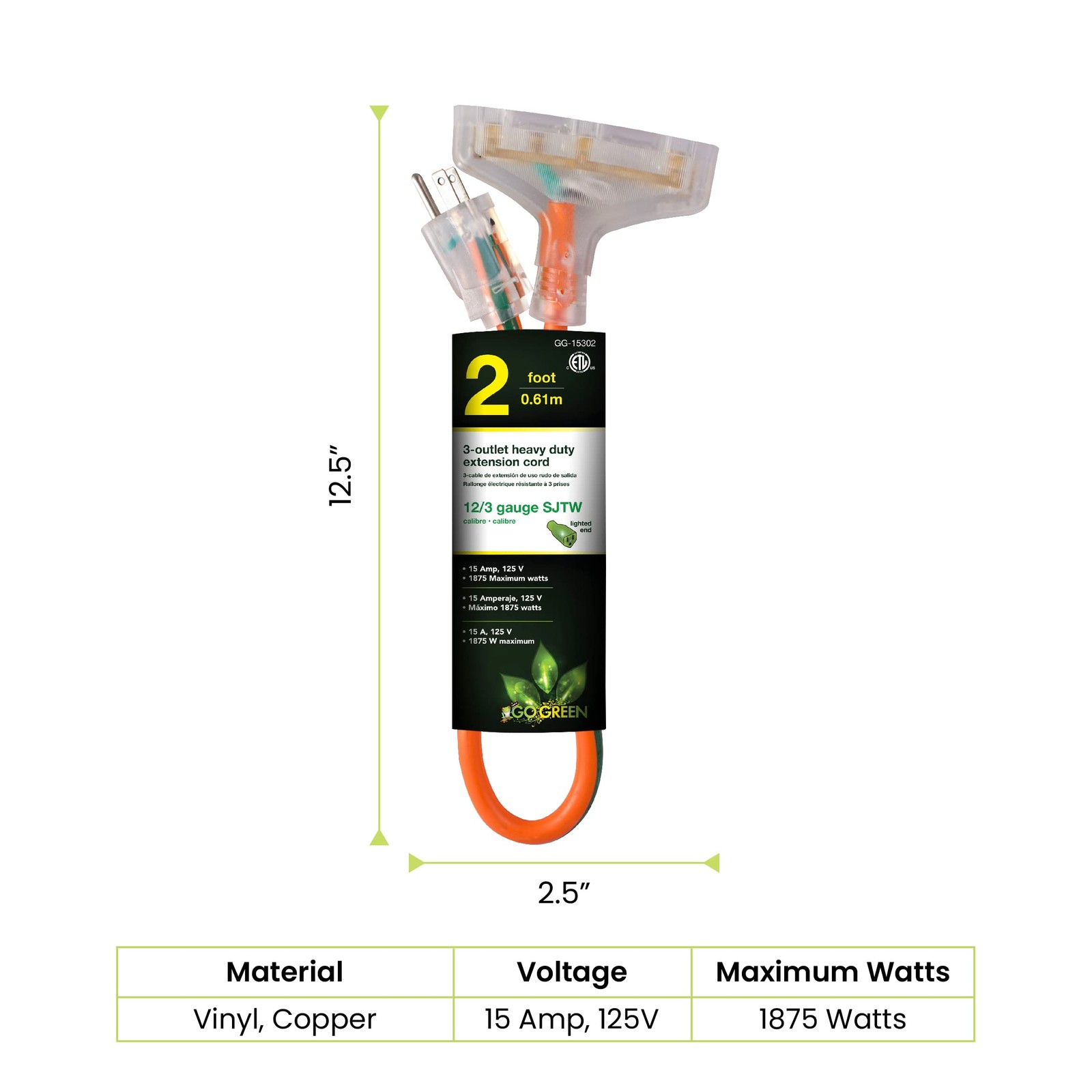 GoGreen Power (GG-15302) 12/3 2′ 3-Outlet Heavy Duty Extension Cord, Lighted End