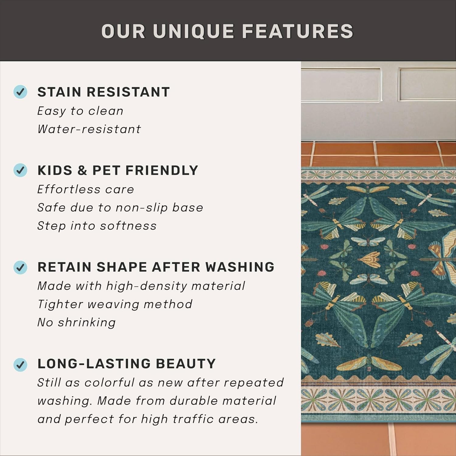 Vintage Teal Area Rugs for Living Room 6×8 – Floral & Butterfly Pattern Dining