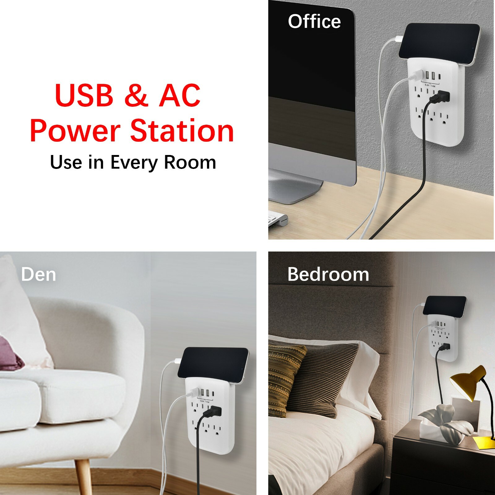 CP 6-outlet Wall-Tap w/ 3-Port USB-A & 1-Port USB-C Chargers, White, CP30007