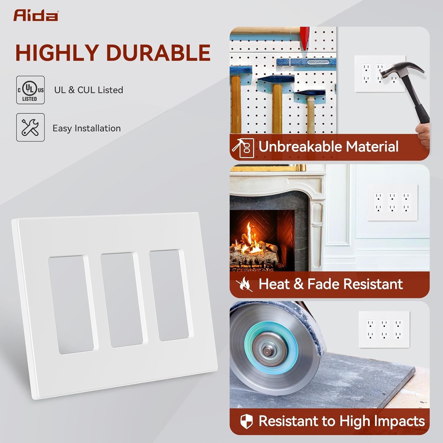 AIDA 3-Gang Screwless Decorative Wall Plates, Screwless, 1 Pack, Matte White