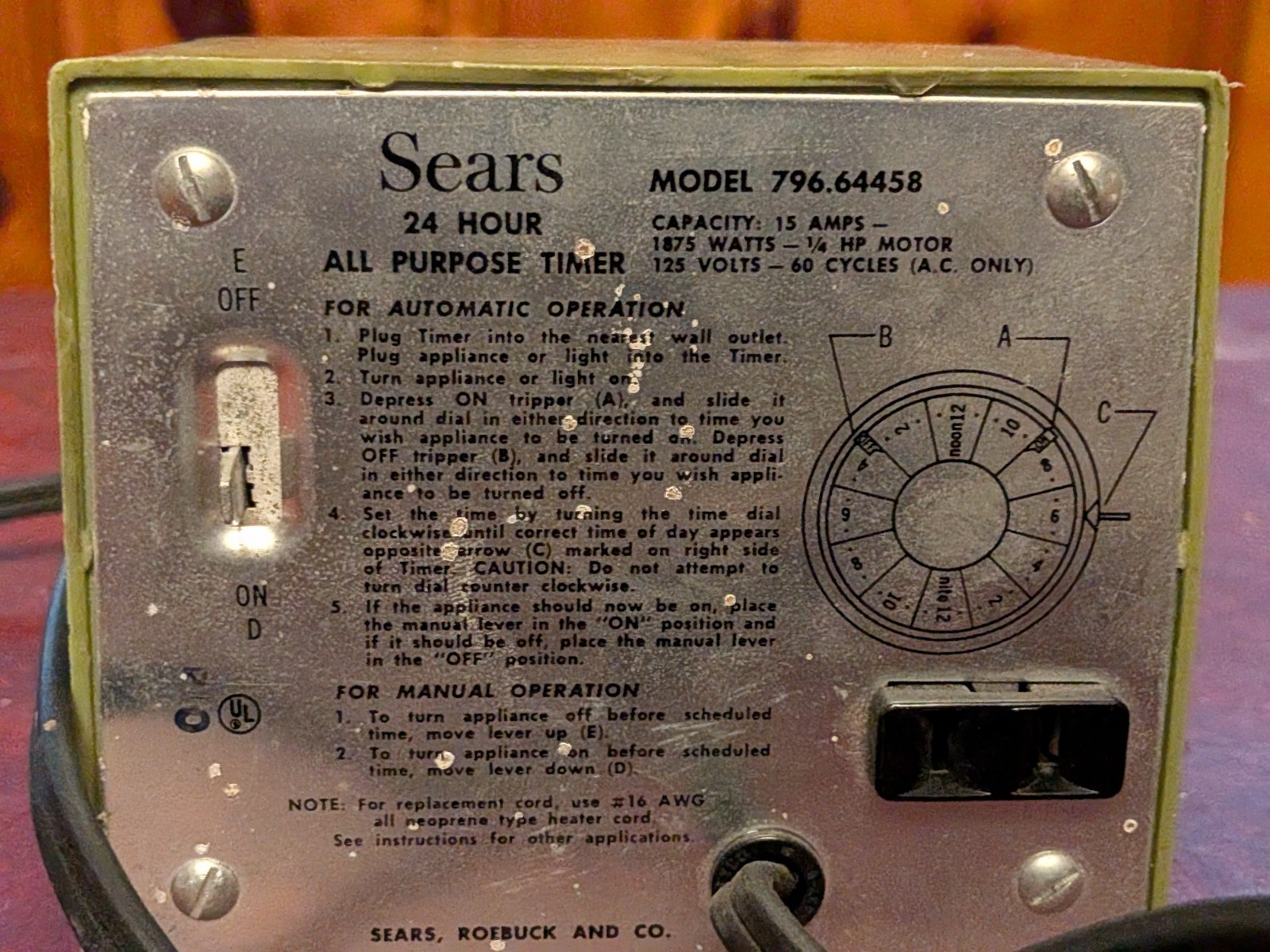 Sears 24 Hours All Purpose Timer Model 796.64458 Vintage Green