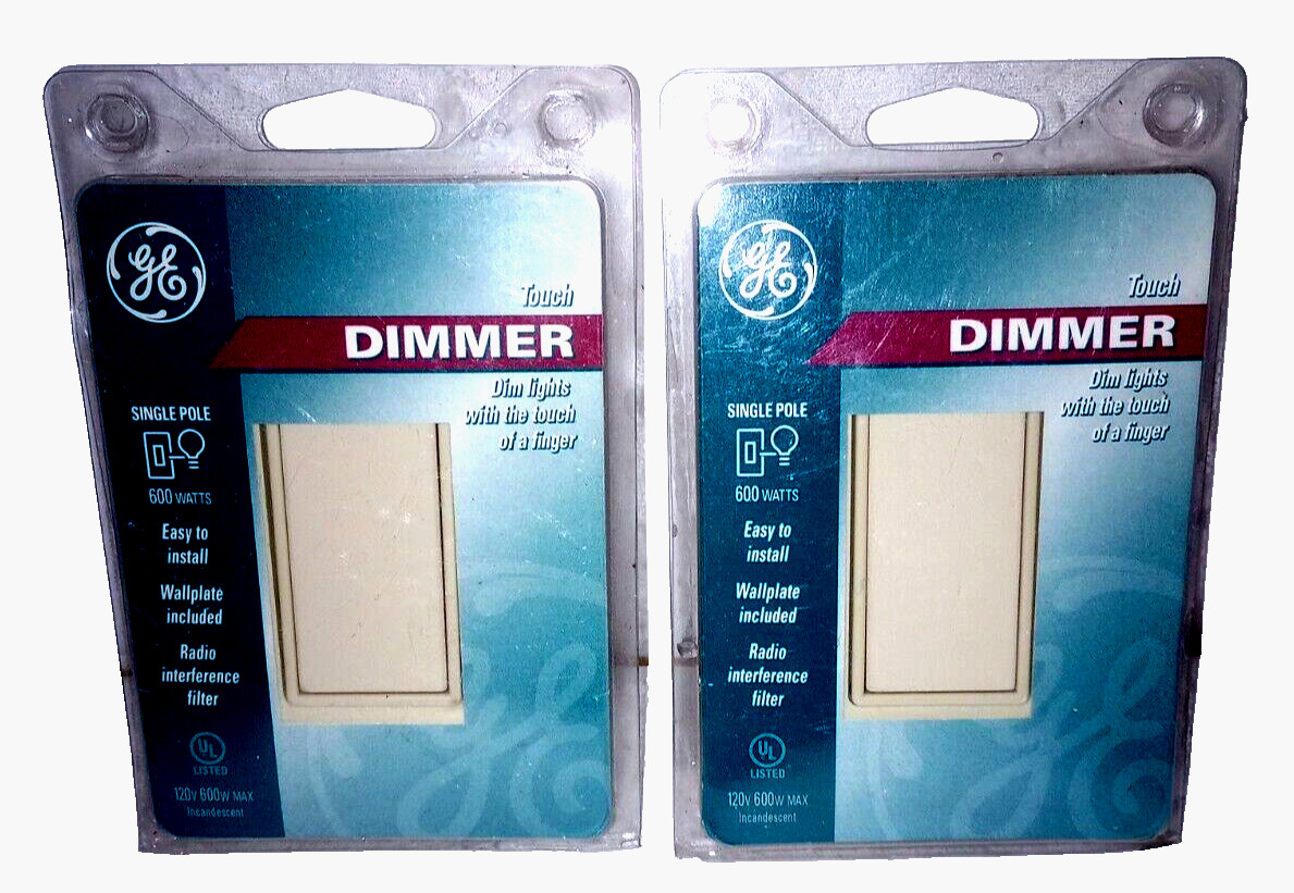 GE Dimmer Touch Switch & Wall Plate – Single Pole, 600 Watts – Beige – Lot of 2