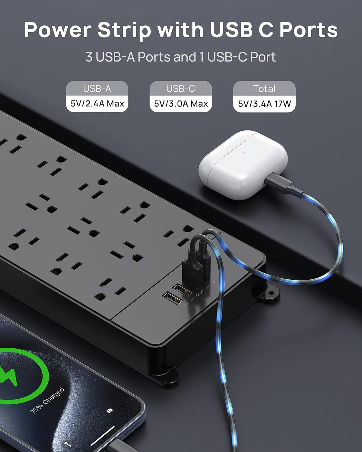 Surge Protector Power Strip, 4000 Joules, ETL Listed, 13 Widely-Spaced Outlets E