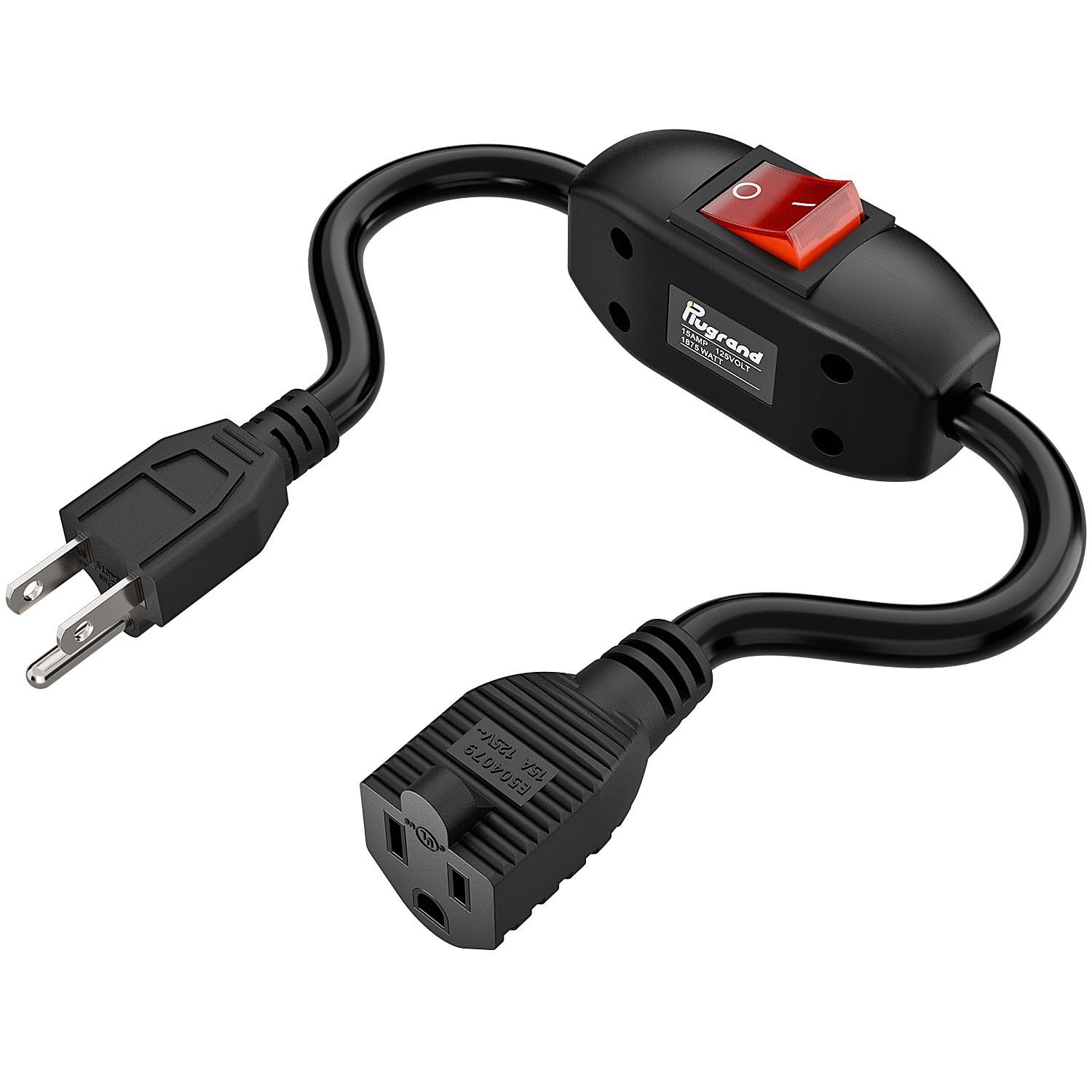 Inline On/Off Switch Extension Cord, 15A Heavy Duty Power Cable, 40CM