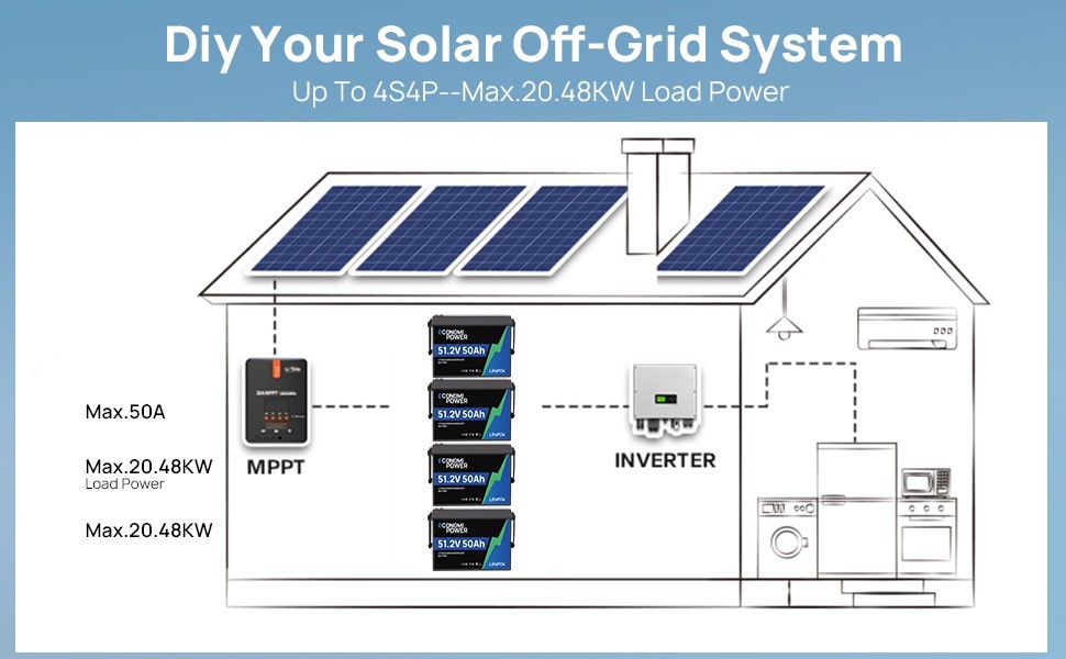 2560Wh 48V 50Ah LiFePO4 Battery with 50A BMS for Home Solar Off-Grid Golf Cart