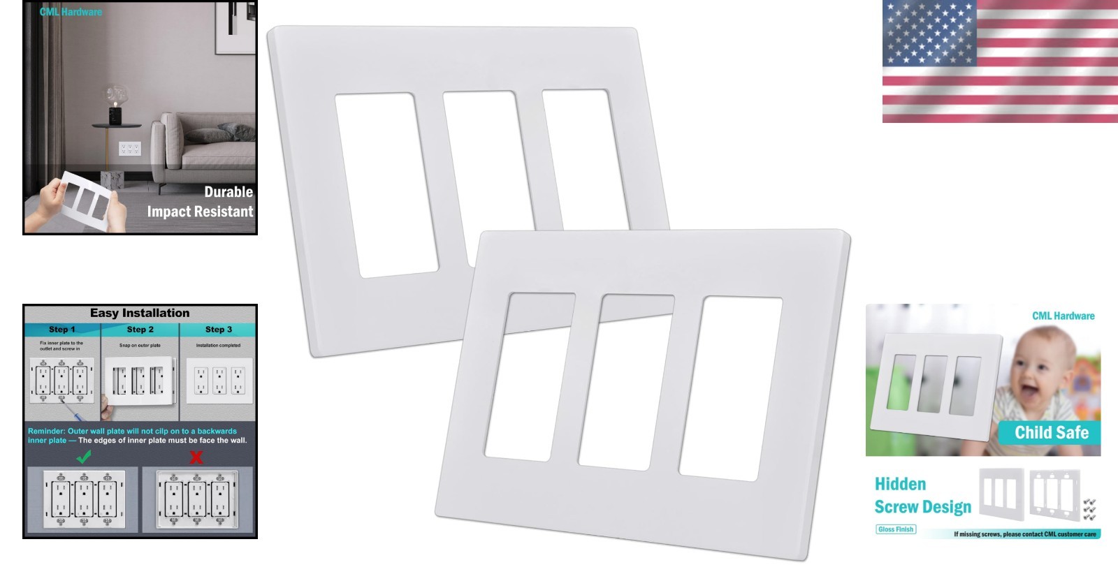 Glossy White 3-Gang Screwless Wall Plate Set – Easy Install, Durable Design