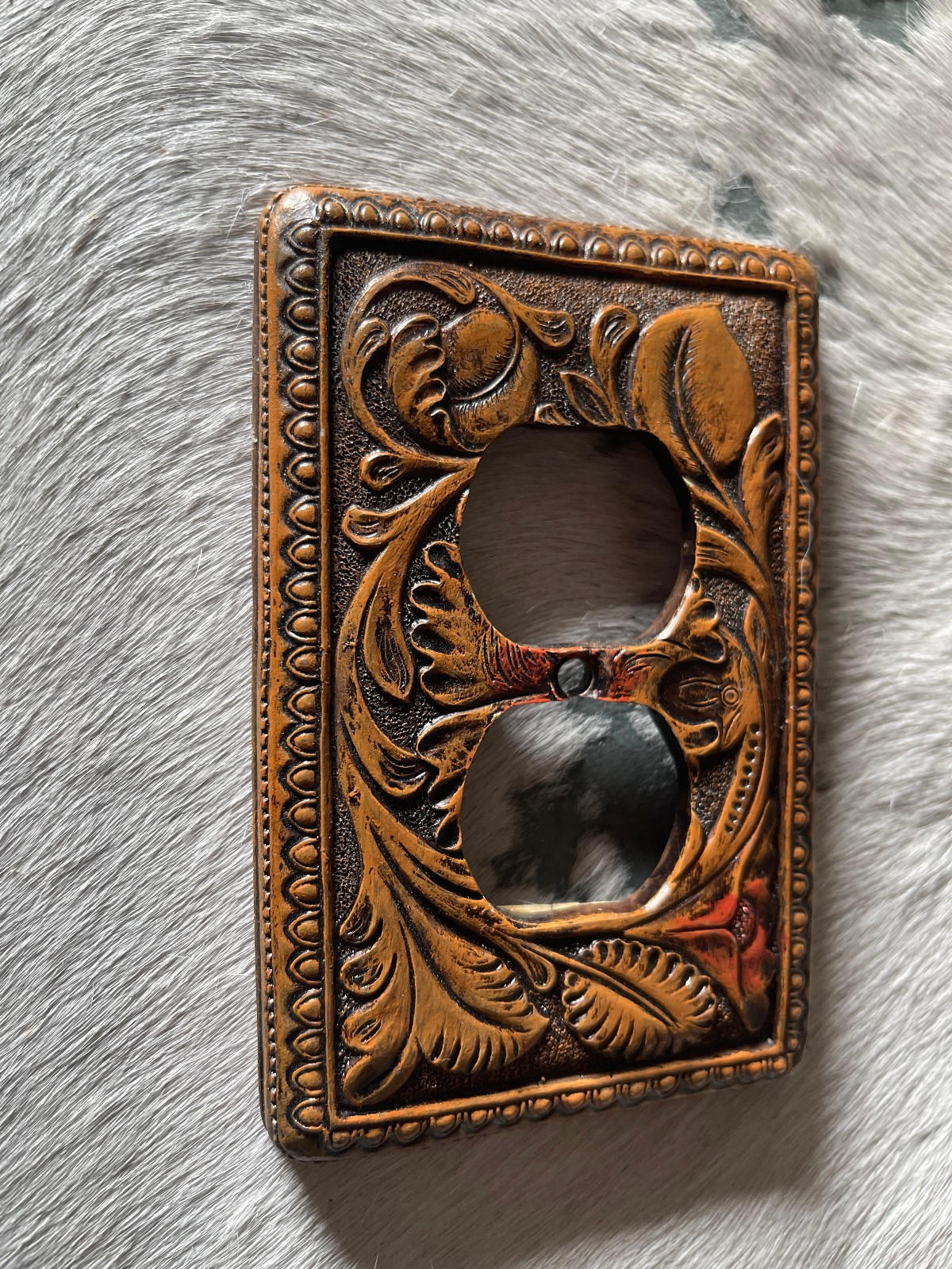 Western Outlet Cover 5.25 x 3.5 in Leaves Resin Brown No Screws Any Room