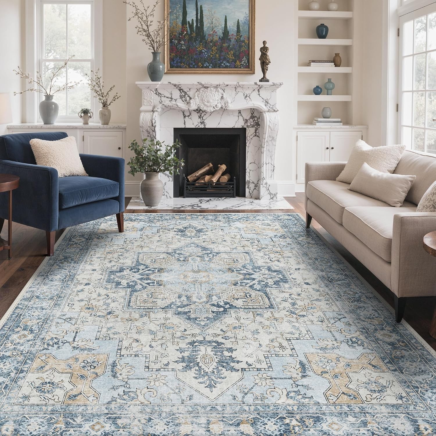 7’6”x9’6” Area Rugs for Living Room, Machine Washable Non Slip Vintage Rugs,