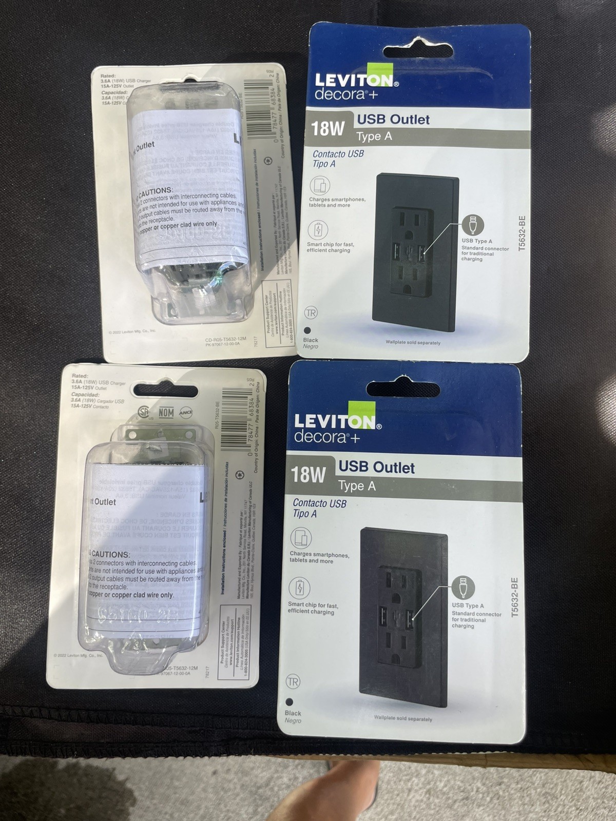 4 Leviton 15 Amp USB Charger Outlet Type A & C Tamper-Resistant Black w/Wallcovr