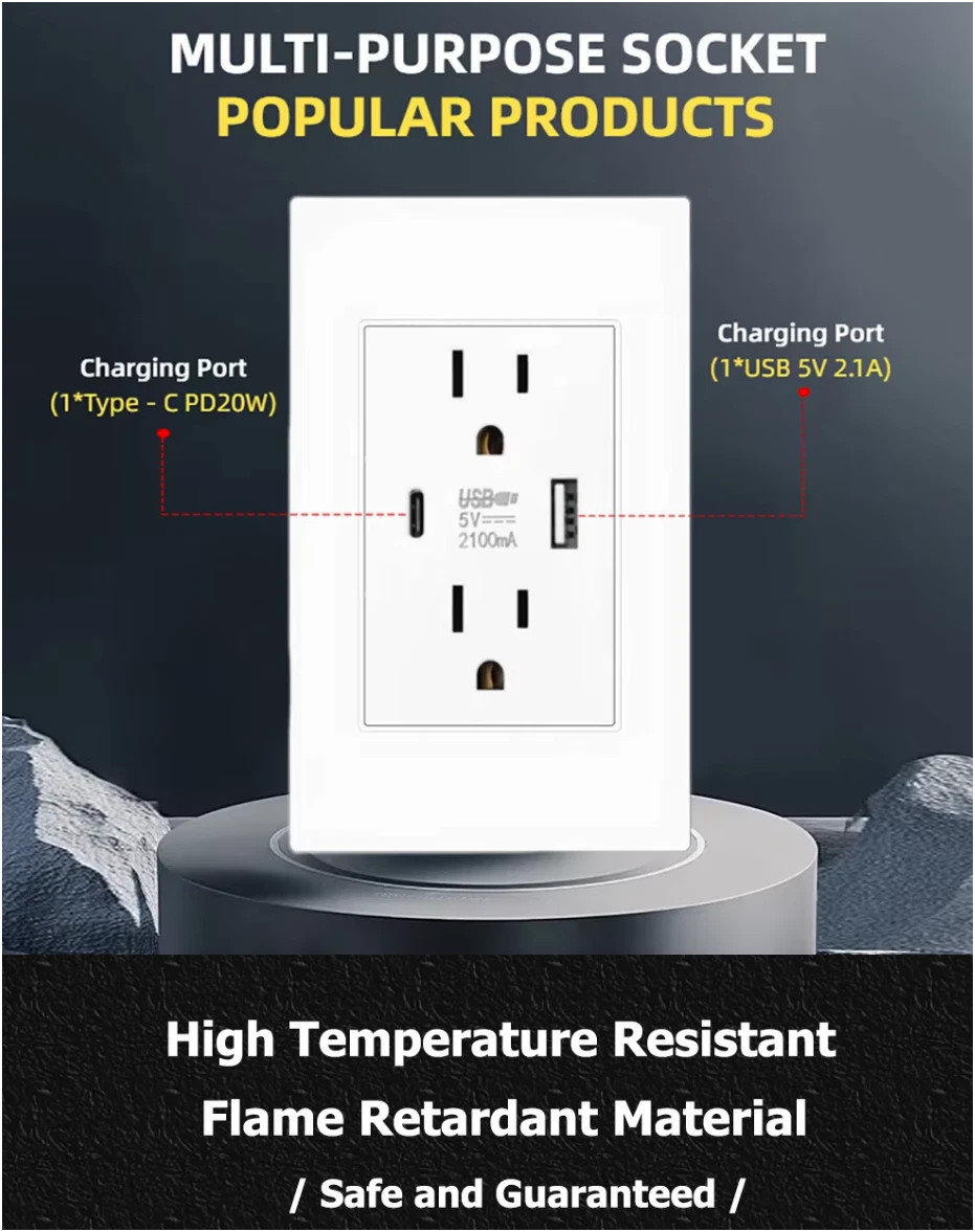 Dual Wall Outlet with USB Ports Charger AC Power Receptacle Plate Panel 15A 120V