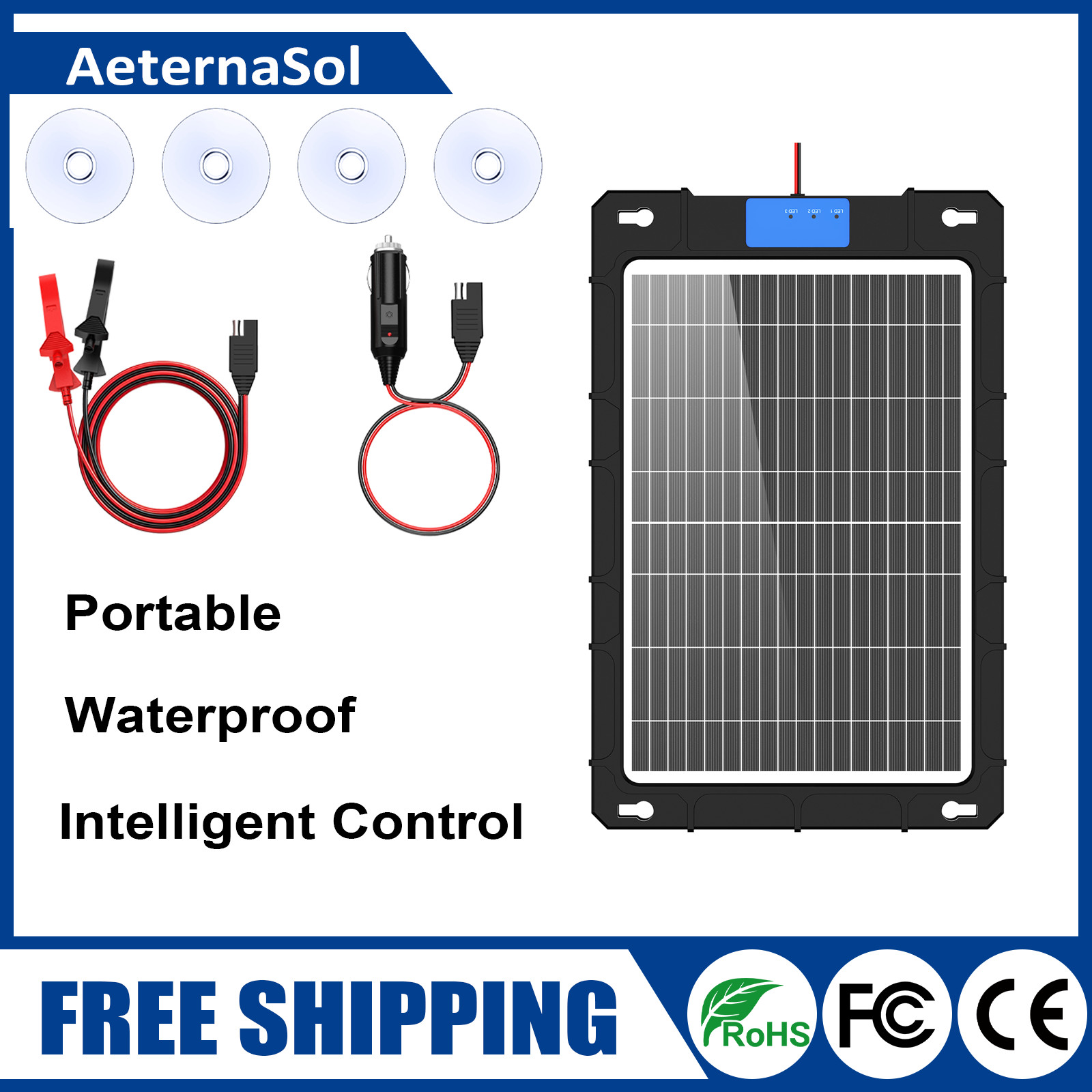 12V 12W Solar Car Battery Trickle Charger Maintainer with Smart PWM Controller