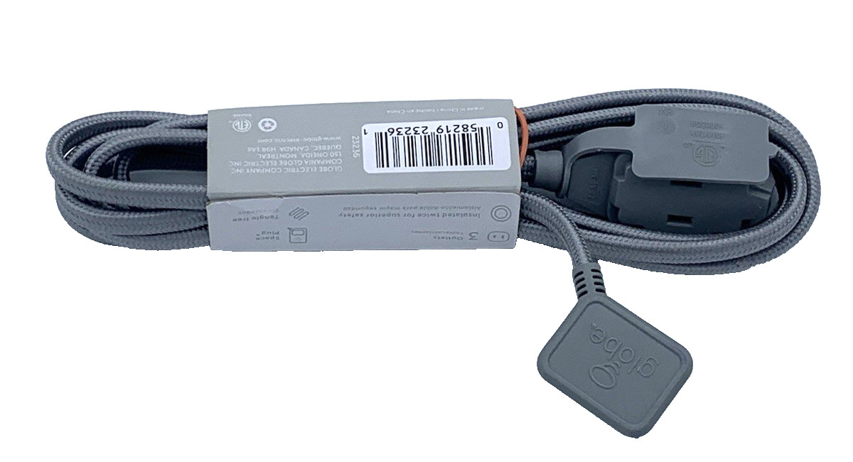 Globe “9 Foot” Fabric Indoor Extension Cord Grey 16/2 Gauge 3 Outlets 125V New