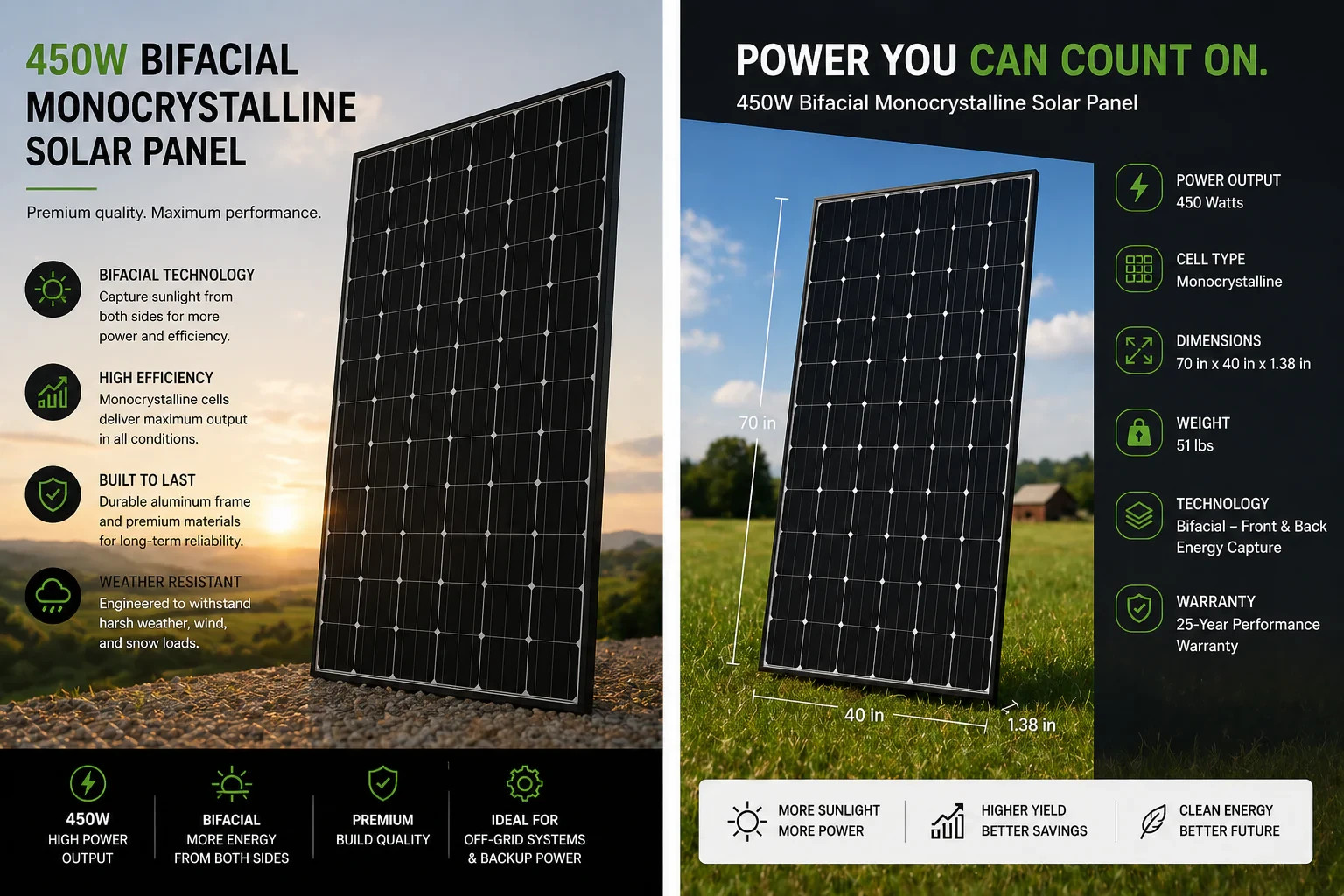 4×450=1800W Solar Panels, Bifacial N-Type Mono | 4ft MC4 Cable for Easy Install