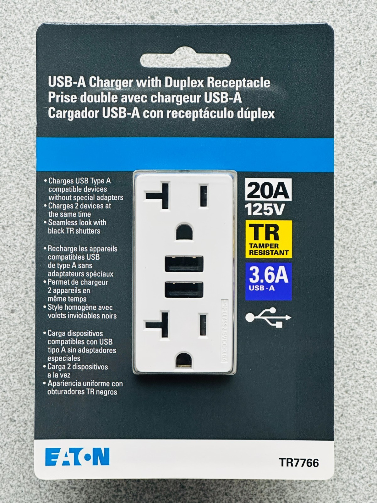 NEW Eaton TR7766W White Tamper Resistant 20A Outlet Receptacle 3.6A USB Charger