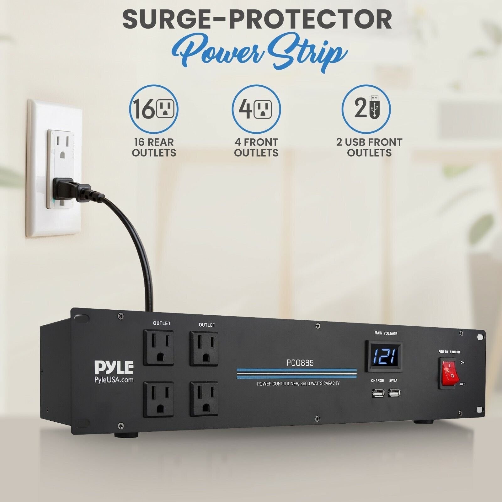 Pyle 19″ Rack Mount Power Supply USB Chargeport 20 Outlets 3600 Watt 120V