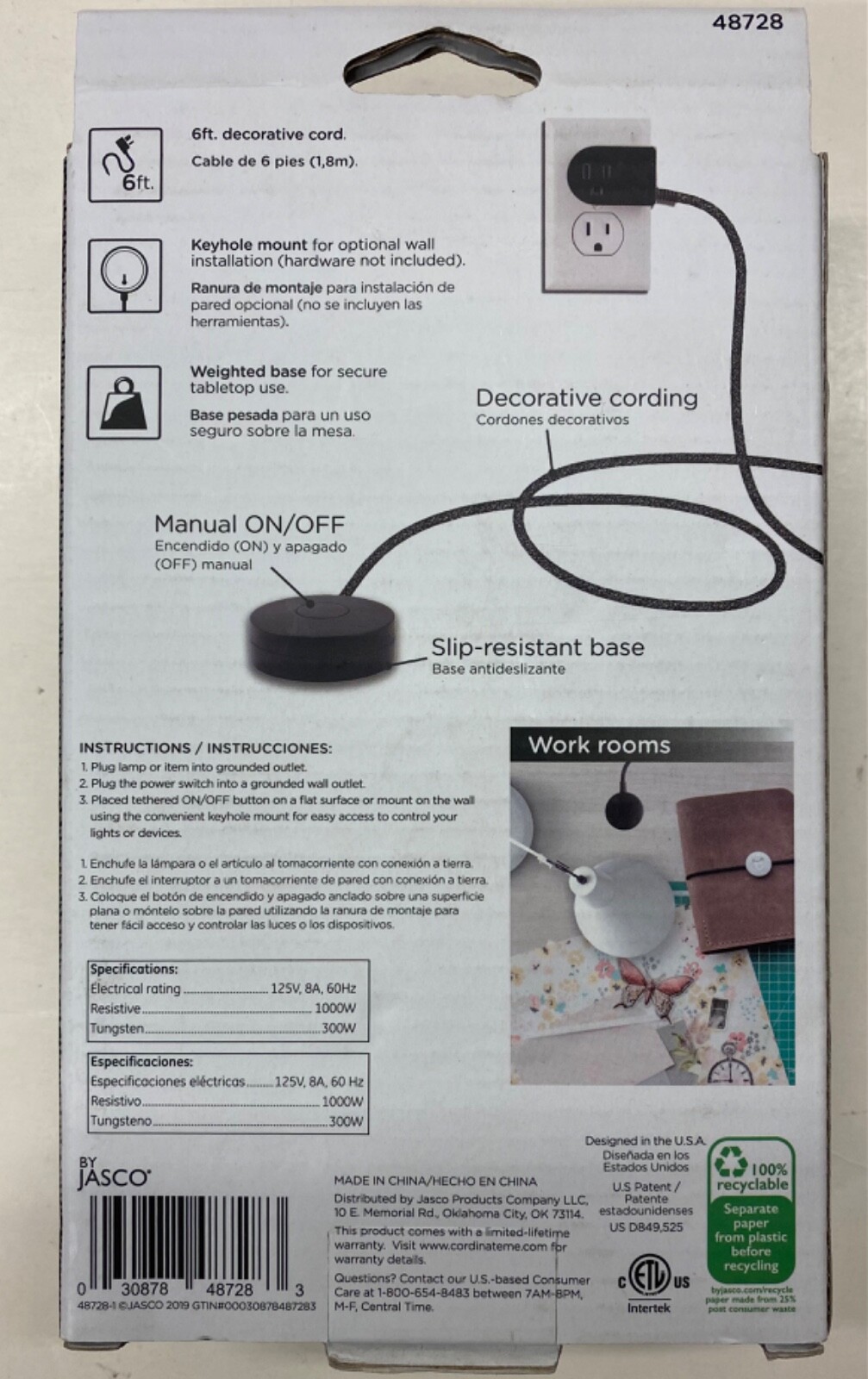 Decor Cordinate Tabletop Wall Mount Switch Plug w/ Braided Cord Black/White NEW