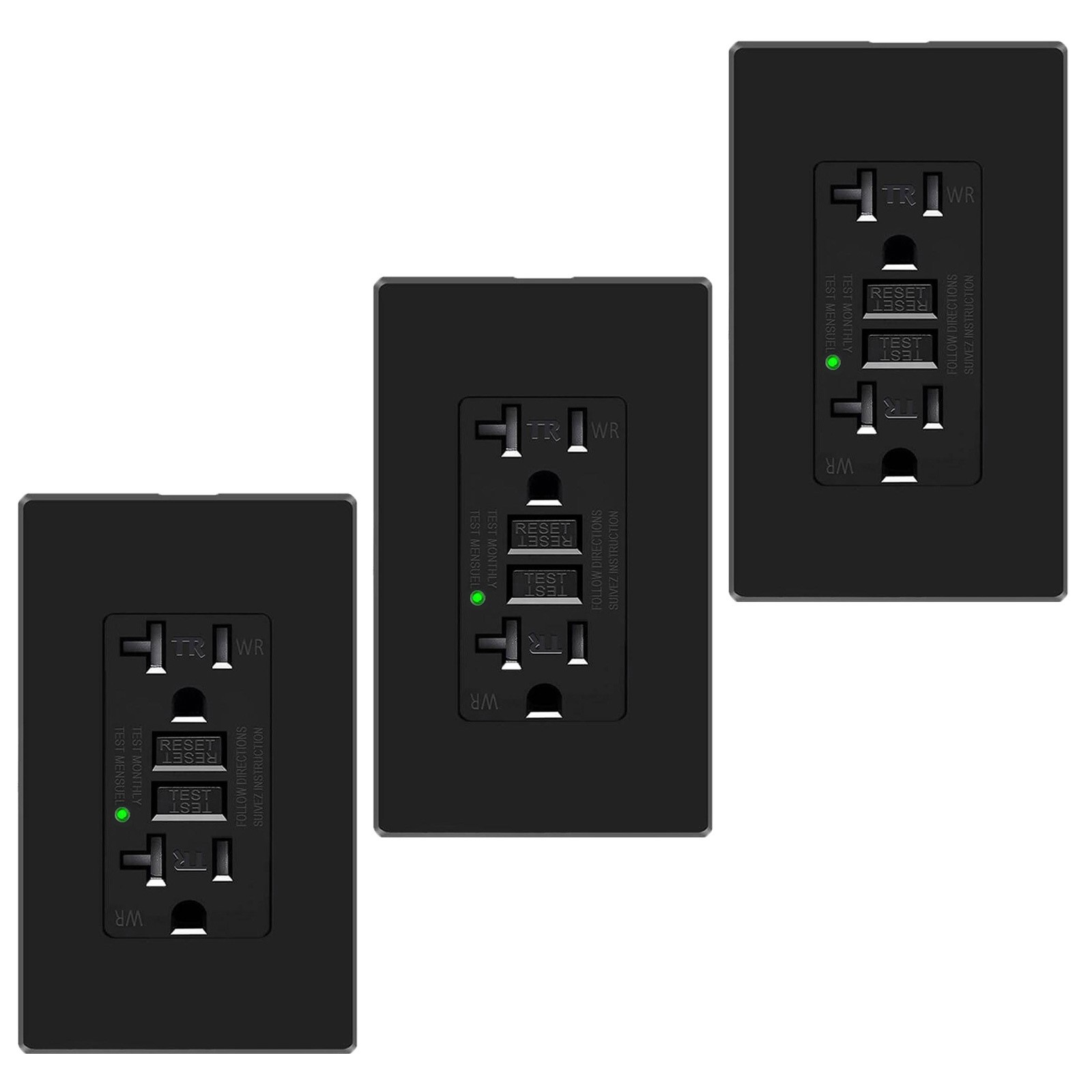 3Pack GFCI Outlet TR Receptacle with LED Indicator ETL Black 20A 125V Screwless