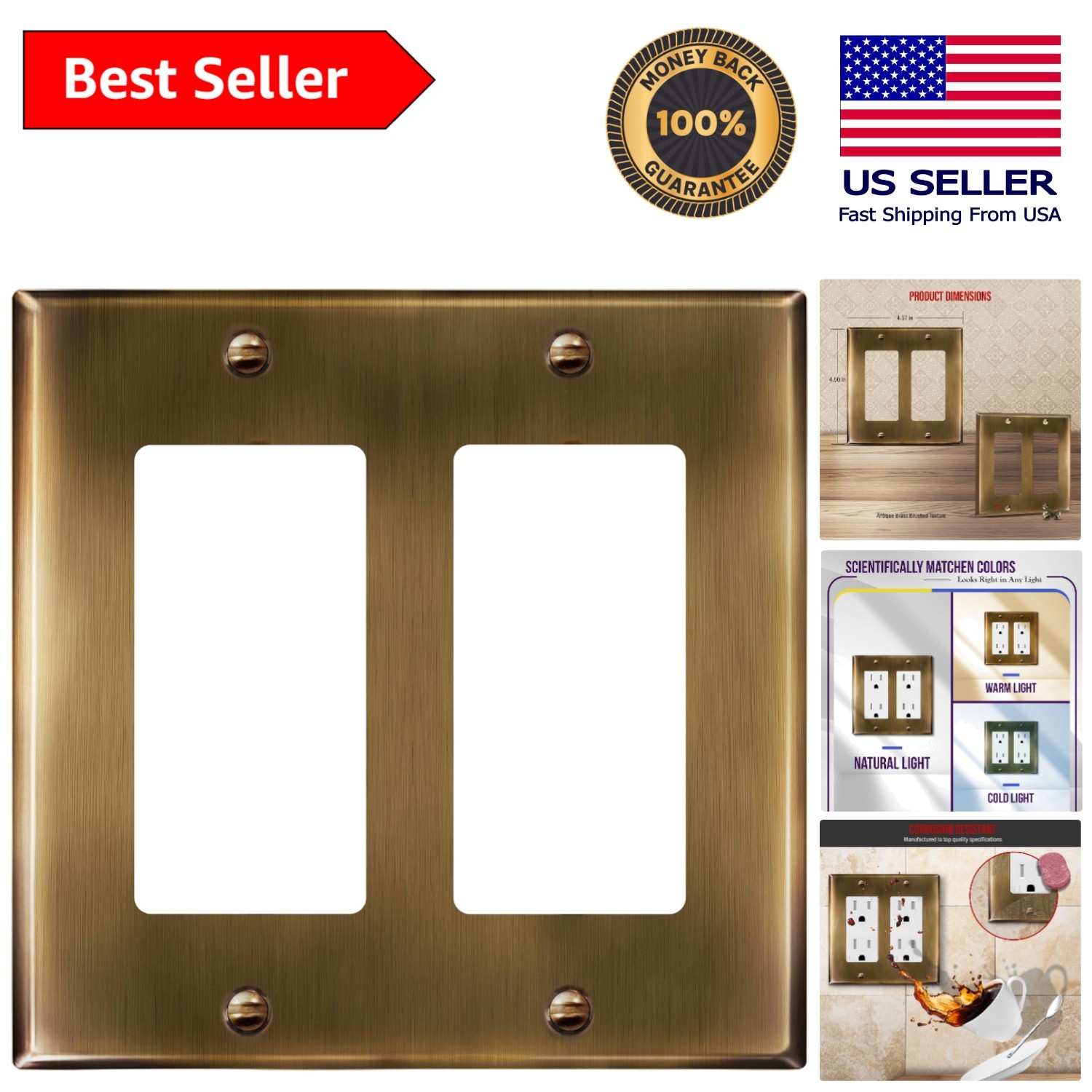 Antique Brass 2-Gang Stainless Steel Switch Plate – Corrosion Resistant Elegance
