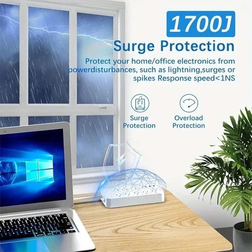 US Power Strip Surge Protector 8 AC Outlets 3 USB Ports + Type C Port 4 FT Cable
