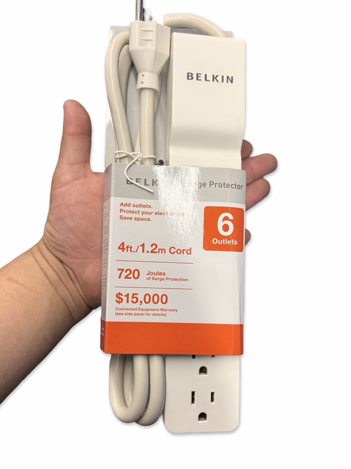 Belkin 6-Outlet Surge Protector 720J 4ft Cord 15A 1800W White BE106000-04