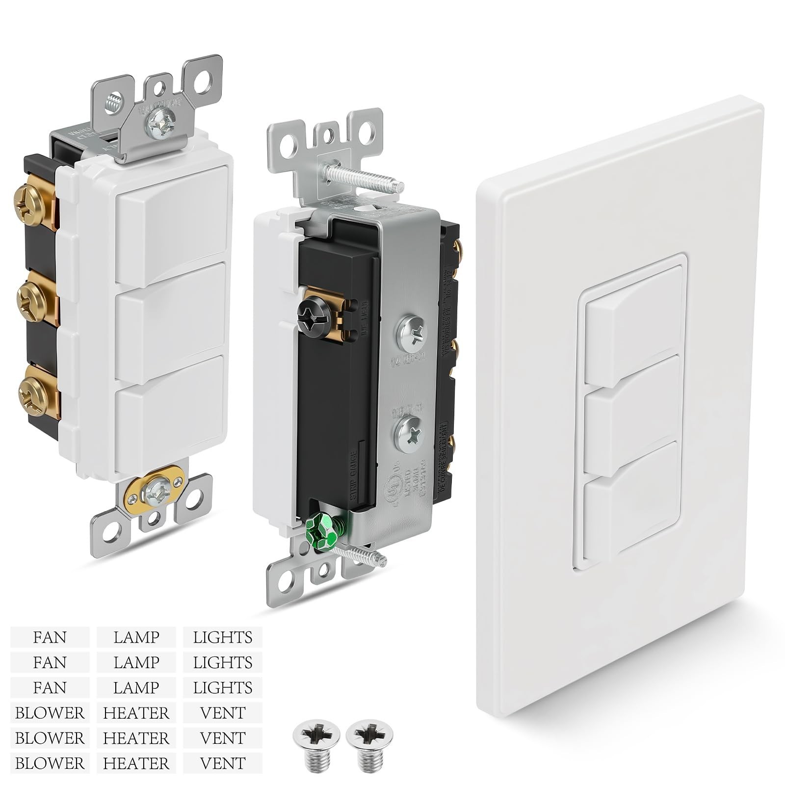 P3RW Wall Switch – Three-Rocker Light Switch Combo with Screwless Wall Pla