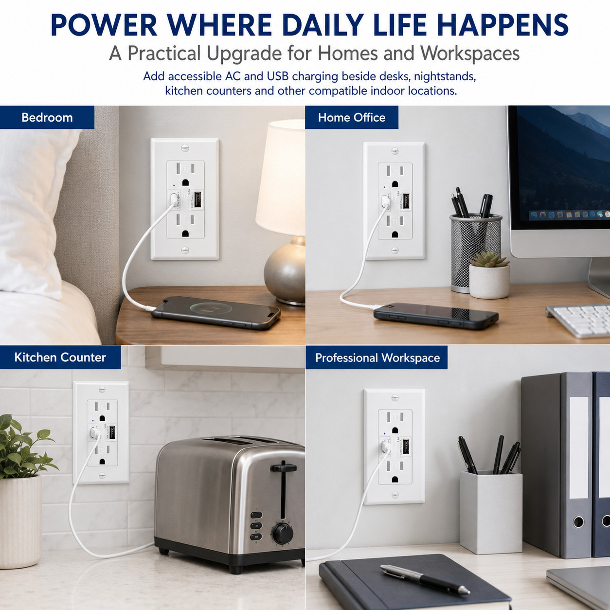 15A USB Wall Outlet with Type-C and Type-A, 5V 5.8A Shared Output, White TR 3PK