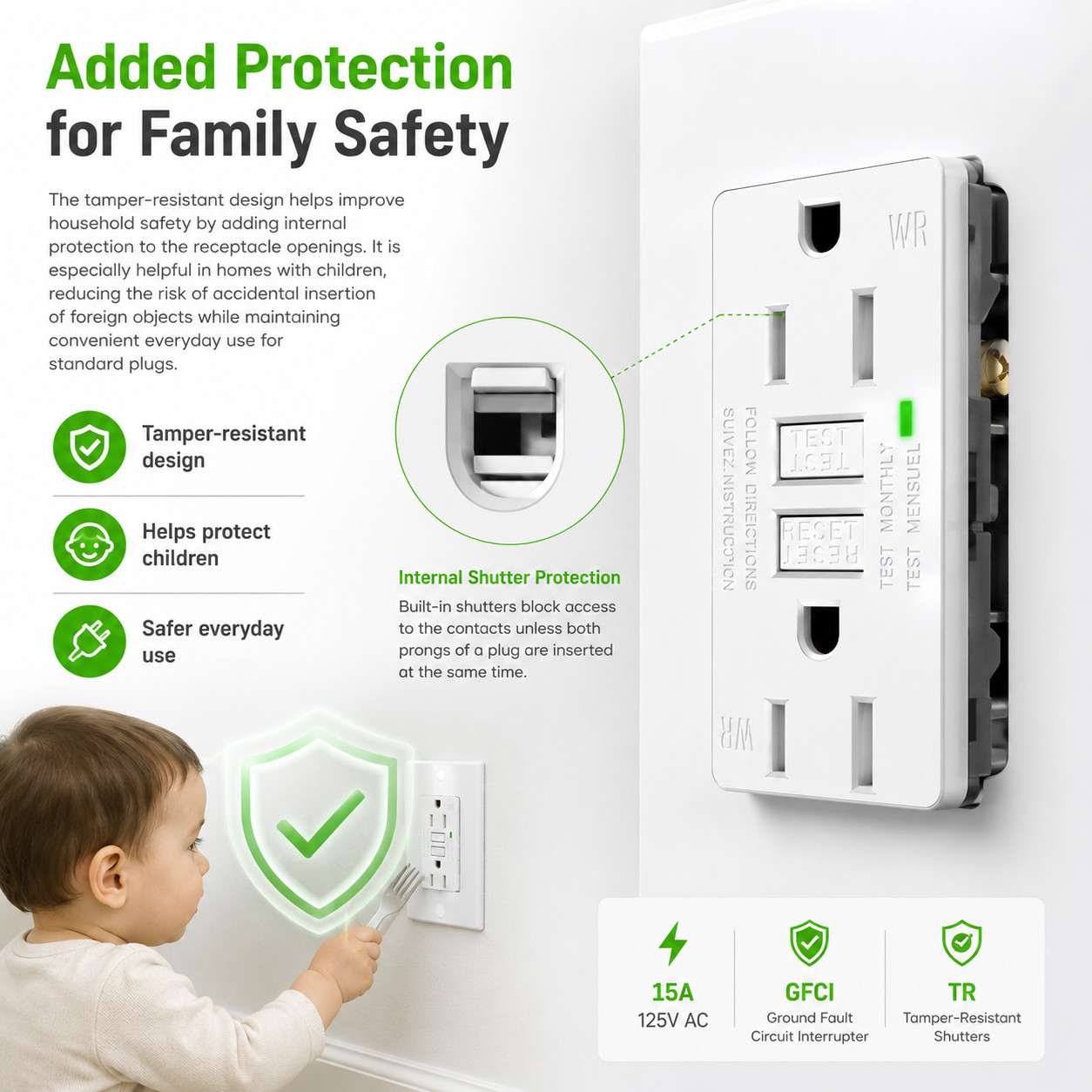 15 Amp GFCI Outlet TR Weather Resistant Back & Side Wiring Easy Install ETL 1PK