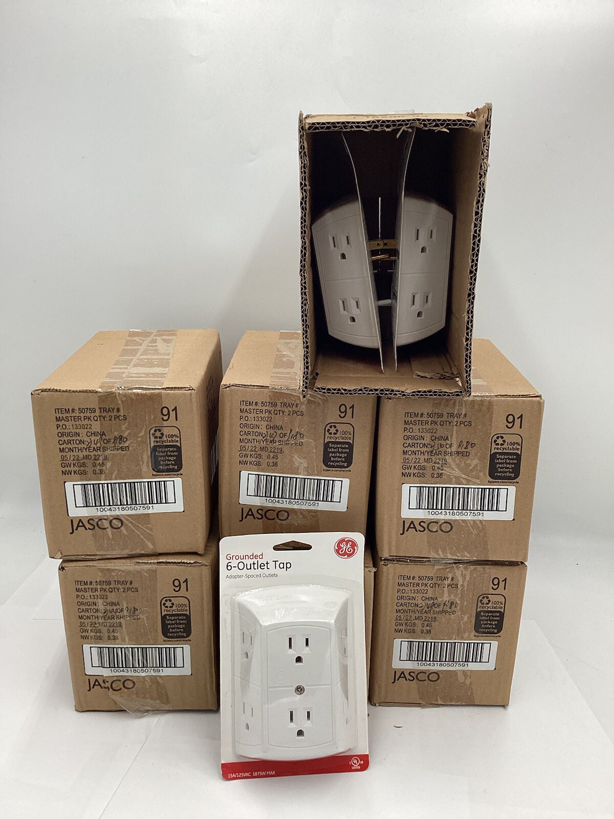 GE Grounded Adapter Spaced Six 6 Outlet Converter Wall Electrical Socket LOT x15