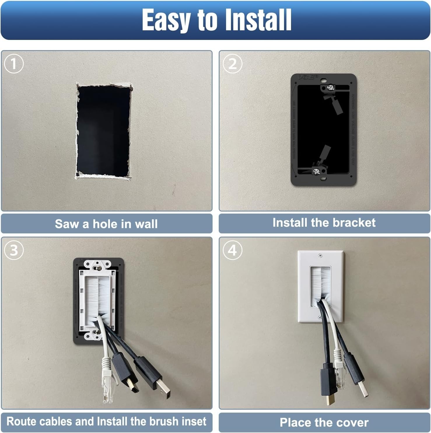In-Wall Cable Management Kit 2x (Brush Wall Plate+Mounting Bracket) Pass Through