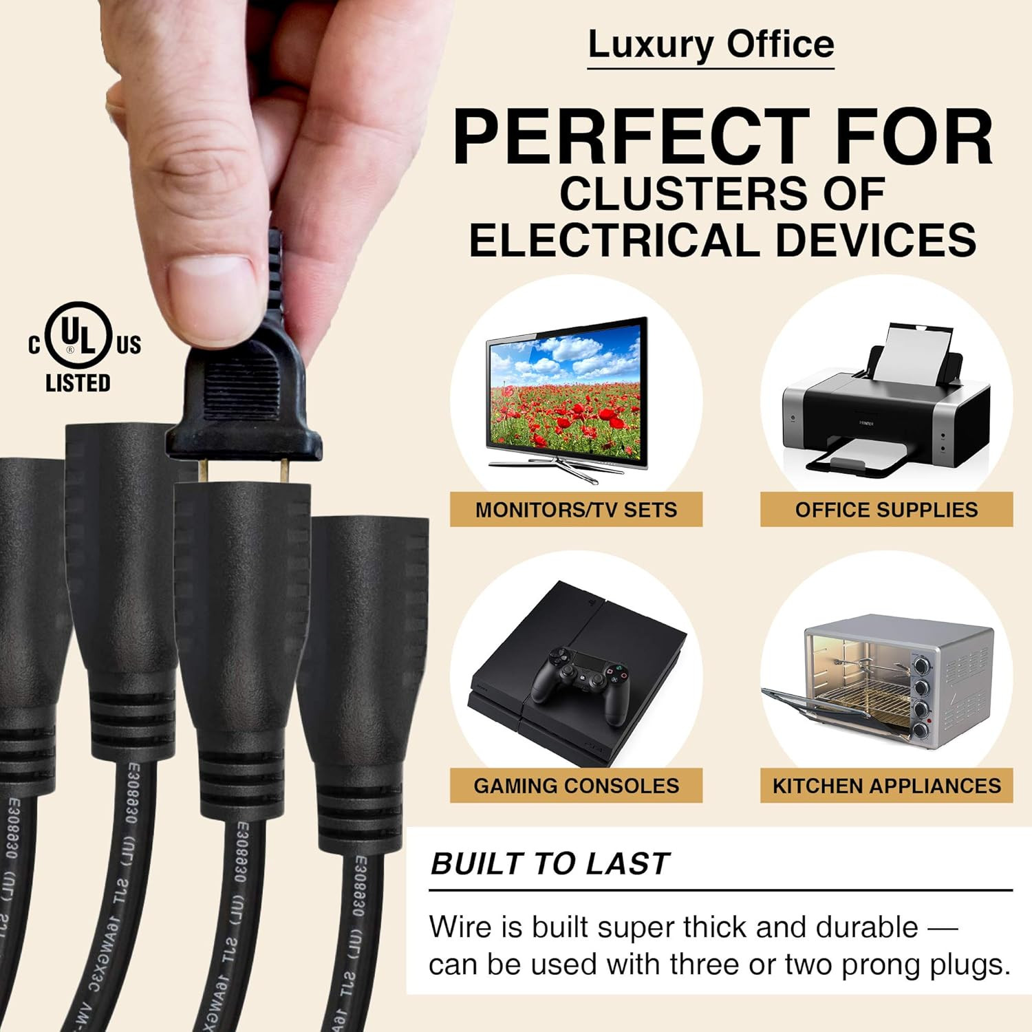 4 Way Power Splitter – 1 to 4 Cable Strip with 3 Pronged Outlet and 3 Foot Y…