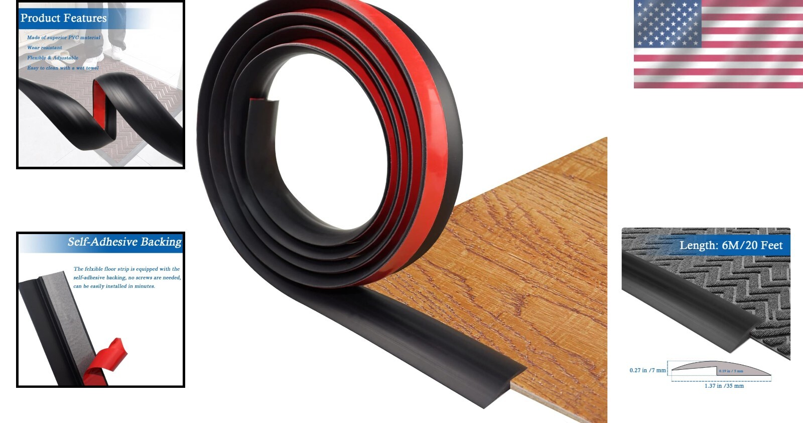 Self-Adhesive PVC Floor Transition Strip – 20ft Black Edging for 5mm Thresholds