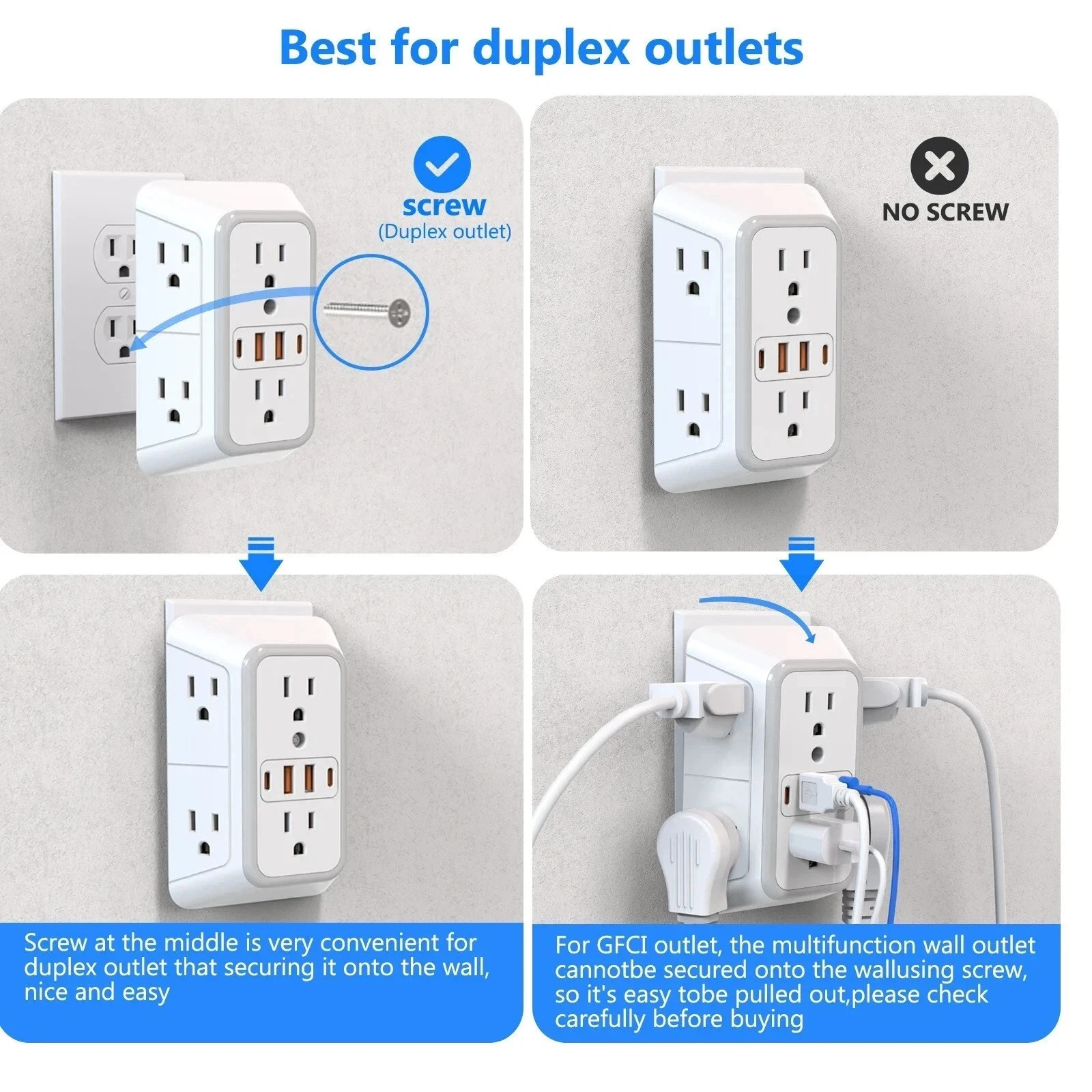US Multi Socket Wall 6 AC Outlets 4 USB Port, 2 Type C Universal Plug Charger