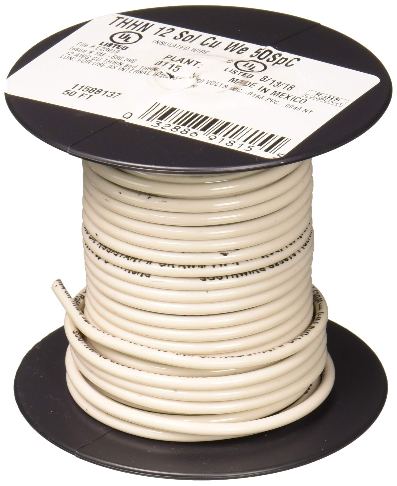 50′ 12Sol WHT Thhn Wire 50′, White
